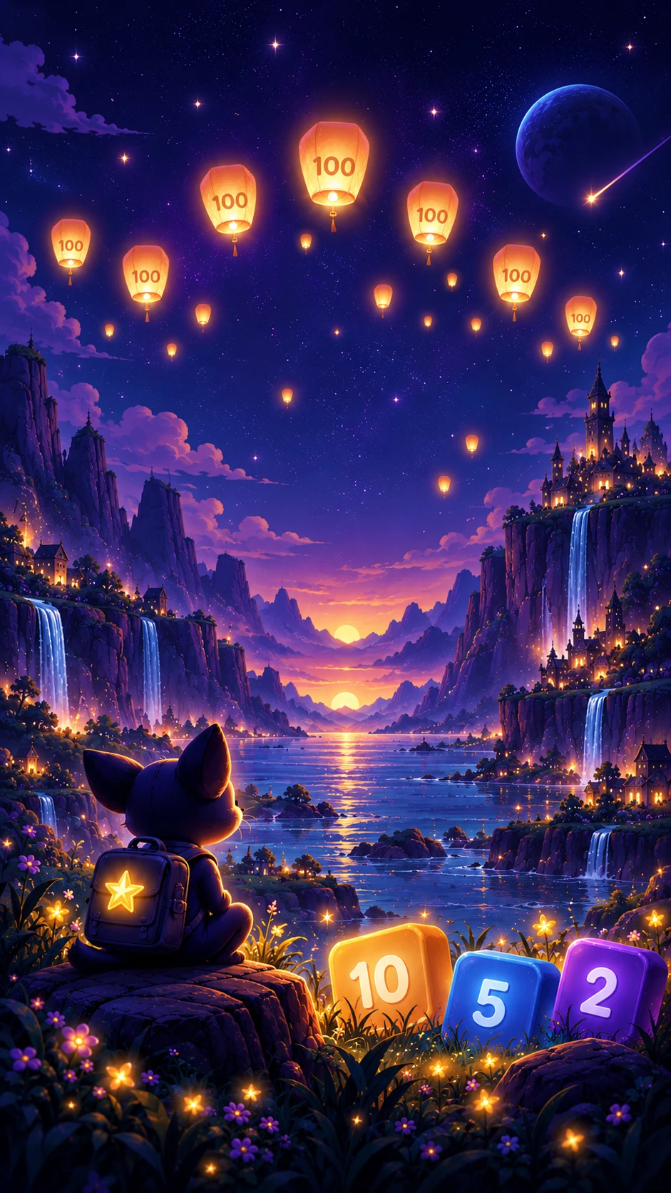 Golden numbered lanterns rising above a violet night-time town